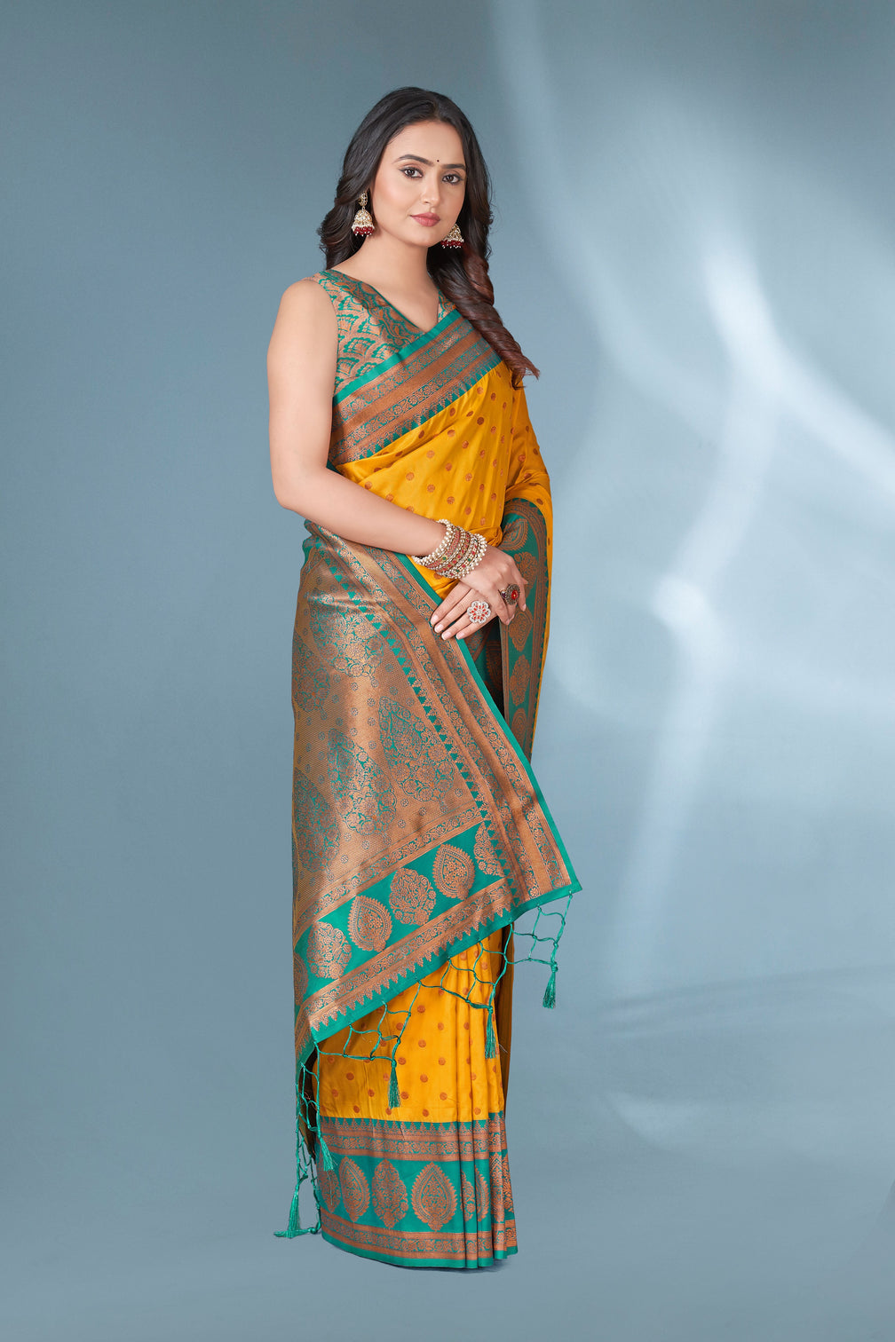 Yellow polka paithani silk contrast zari woven saree with unstitched blouse