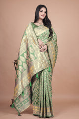 Elegant Green Silk Saree with Silver Zari Work - Handwoven Indian Sari for Weddings, Festivals & Special Occasions