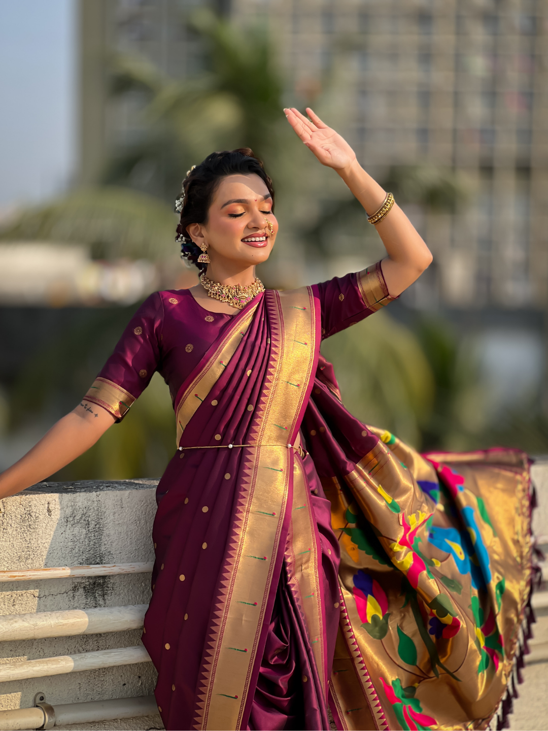 Wine wedding special nauvari paithani soft silk saree with zari woven polka motifs and peacock pallu