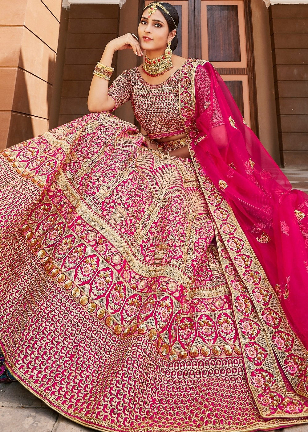 Rose Pink Velvet Bridal Lehenga Choli with Embroidery & Hand work