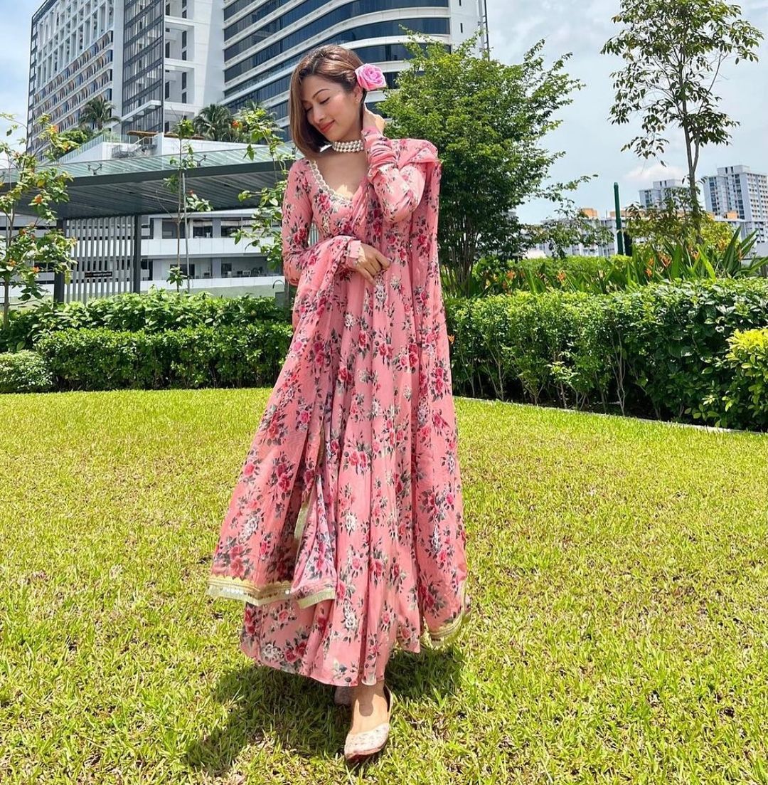 Pink Floral printed Anarkali with Embroidery and mirror work