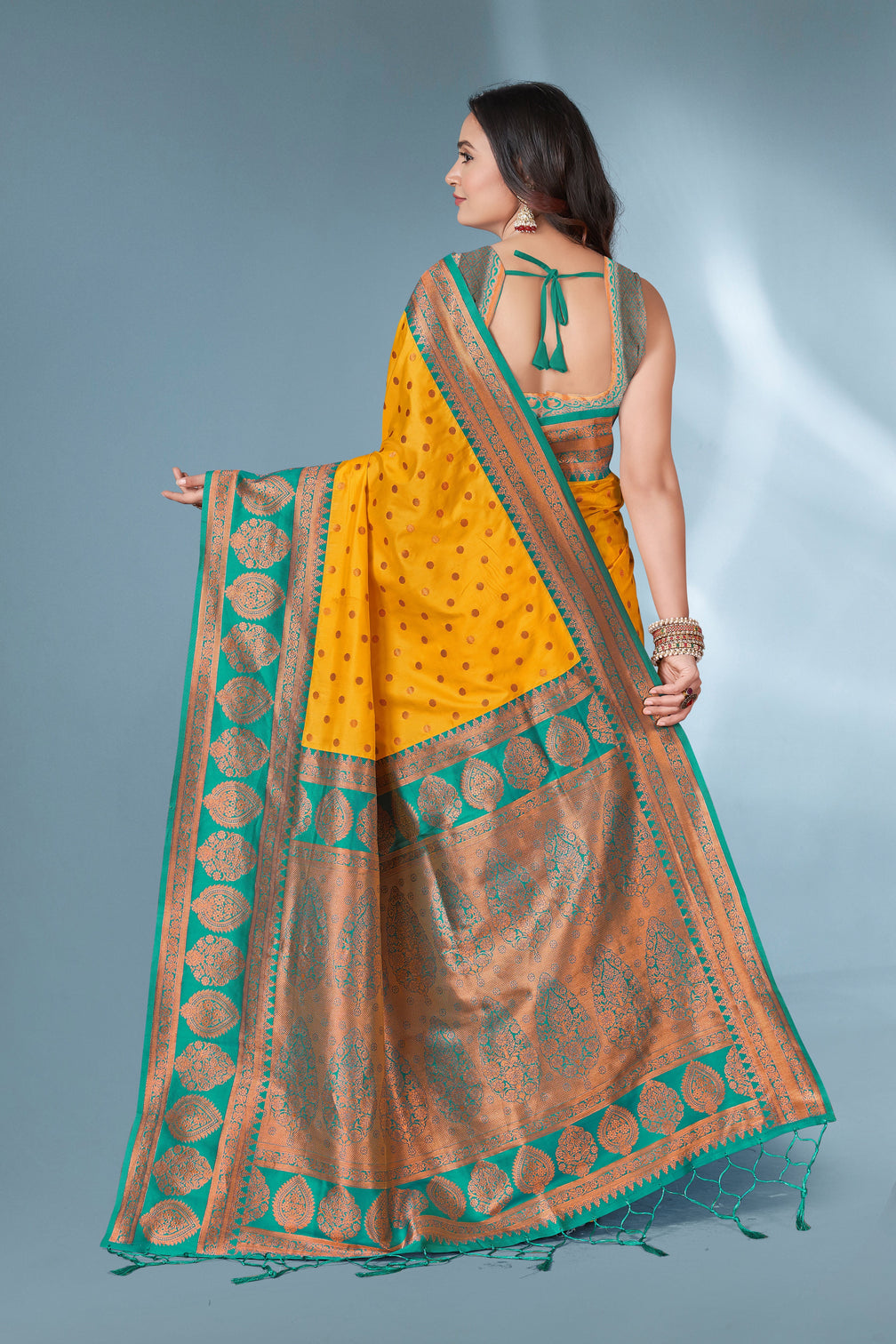 Yellow polka paithani silk contrast zari woven saree with unstitched blouse