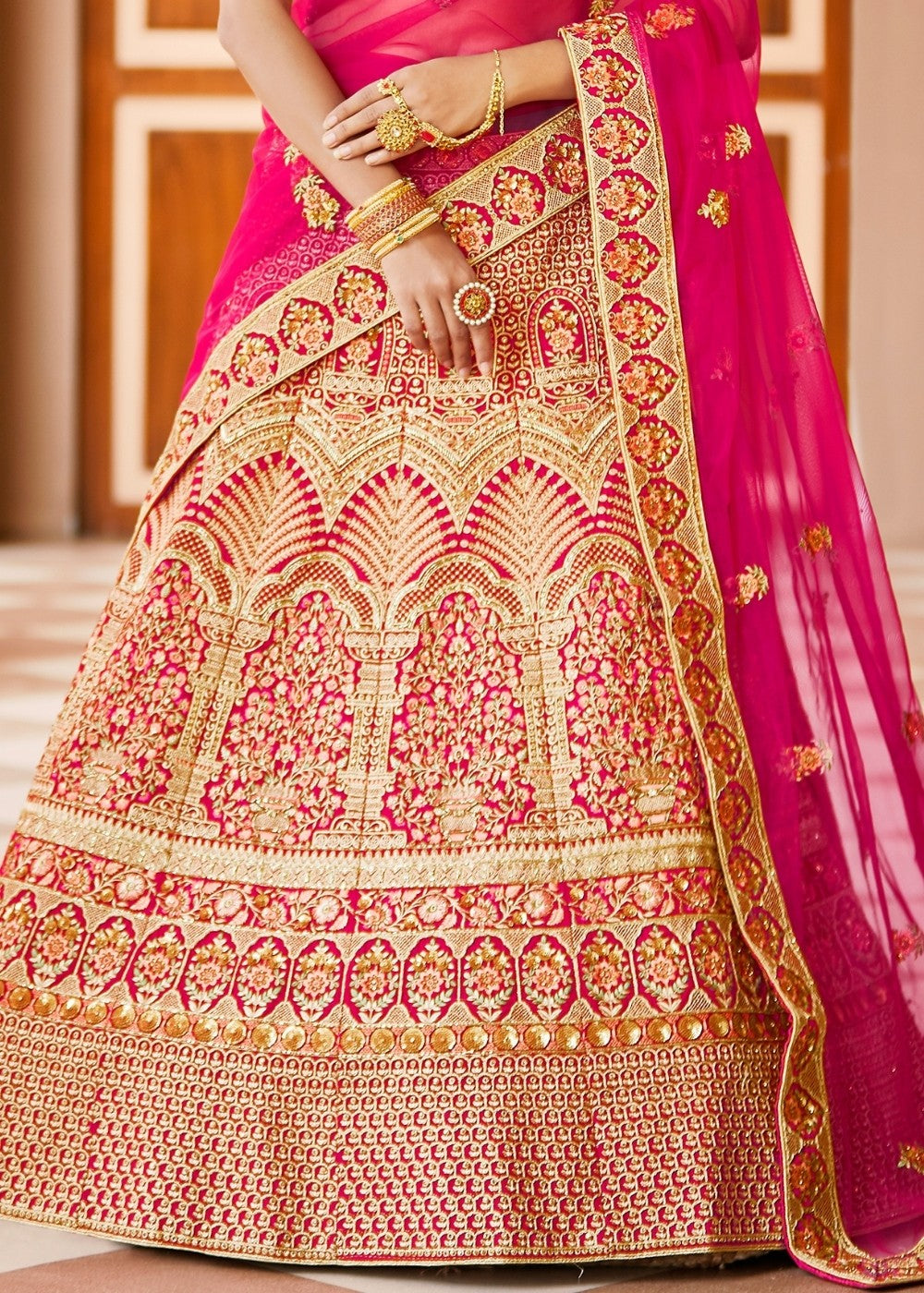 Rose Pink Velvet Bridal Lehenga Choli with Embroidery & Hand work