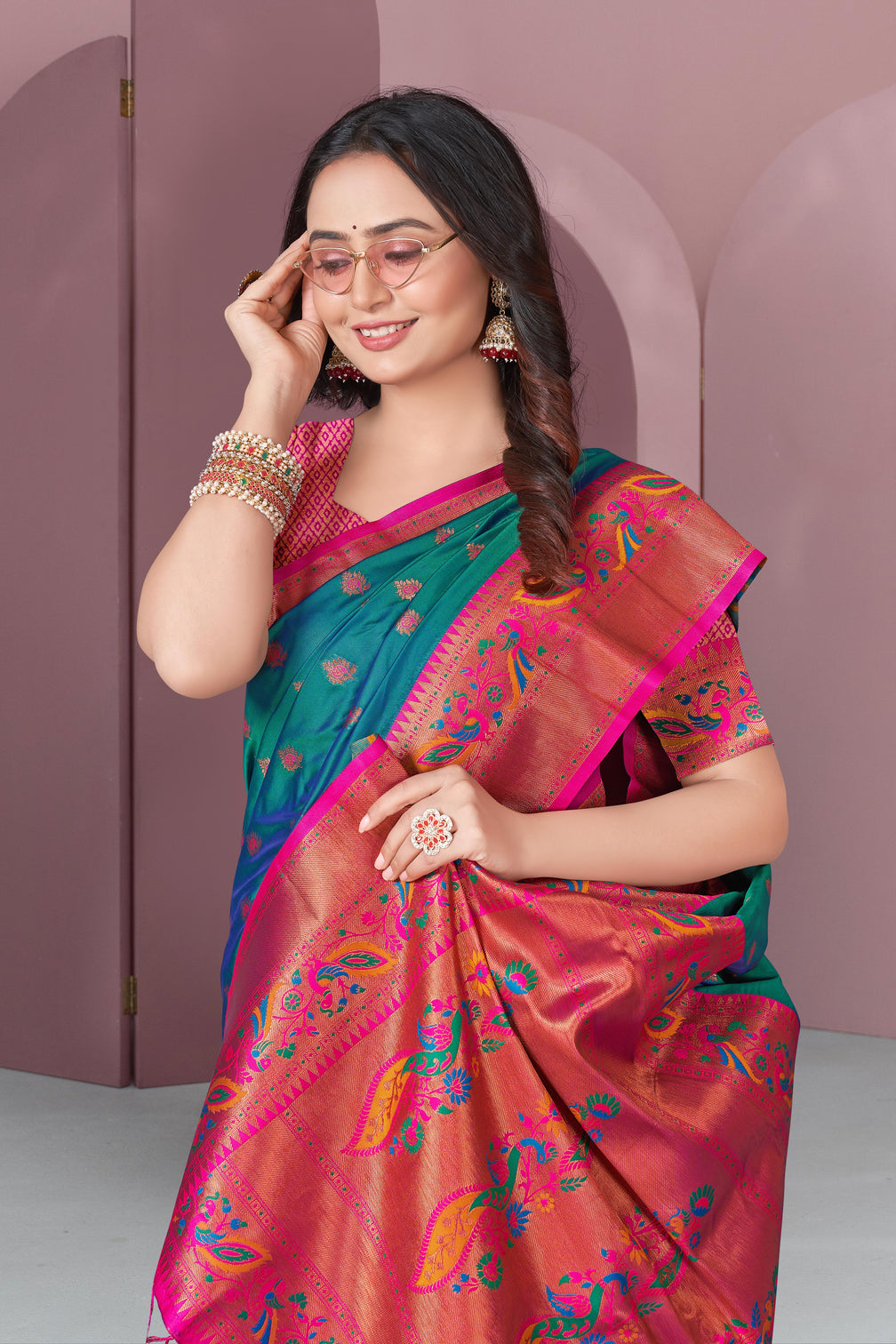 Green with pink original meenakari paithani silk zari woven saree