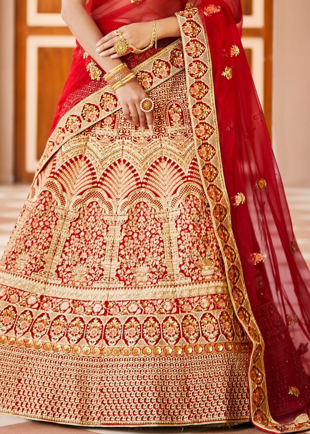 Crimson Red Velvet Bridal Lehenga Choli with Embroidery & Hand work