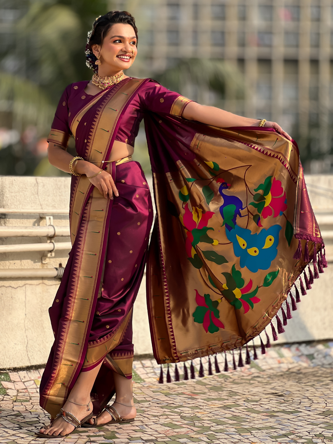 Wine wedding special nauvari paithani soft silk saree with zari woven polka motifs and peacock pallu
