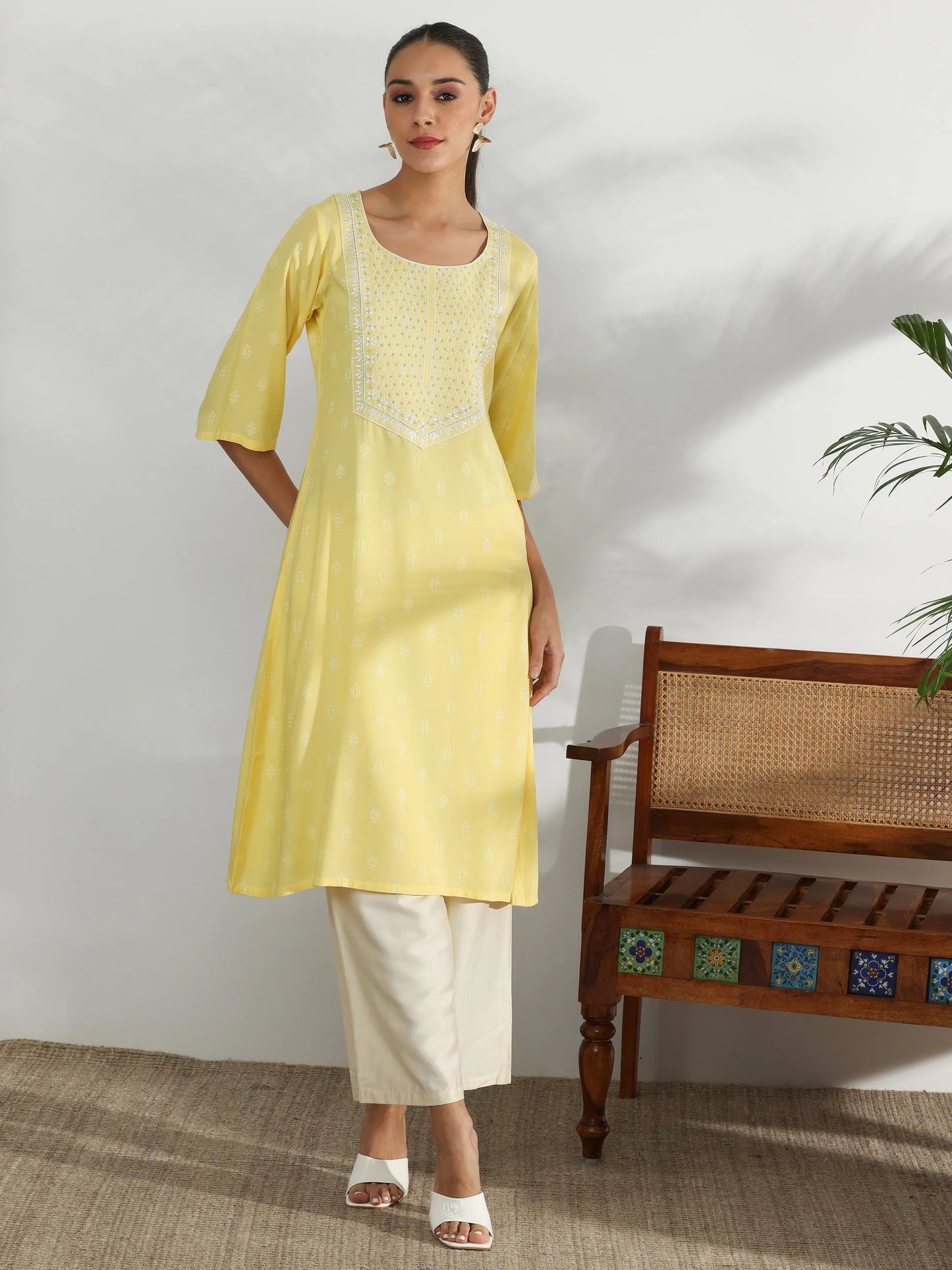 Gerua Yellow Woven Design Rayon Straight Kurta