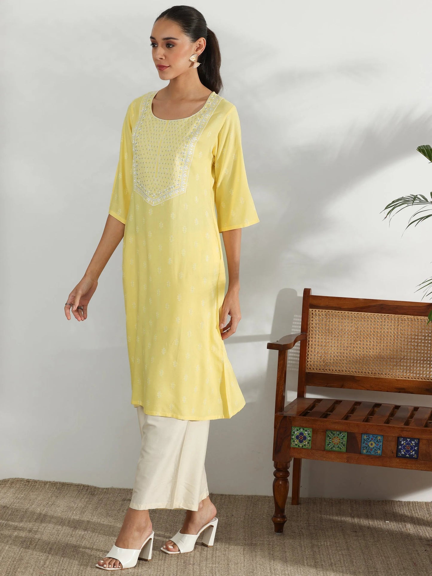 Gerua Yellow Woven Design Rayon Straight Kurta