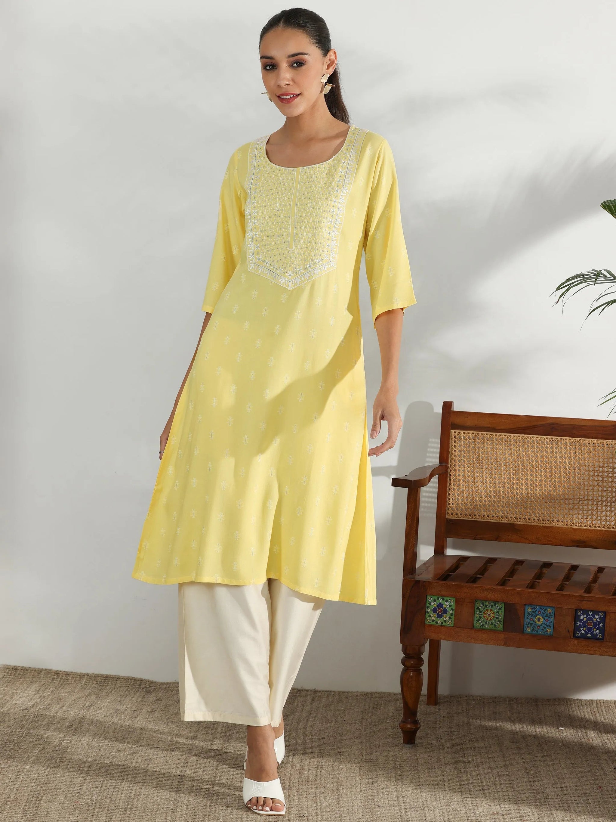 Gerua Yellow Woven Design Rayon Straight Kurta