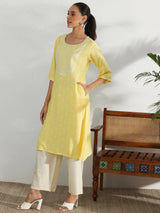 Gerua Yellow Woven Design Rayon Straight Kurta