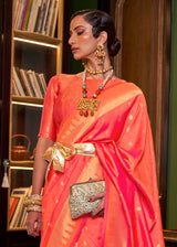 Orange & Pink Handloom Woven Banarasi Silk Saree