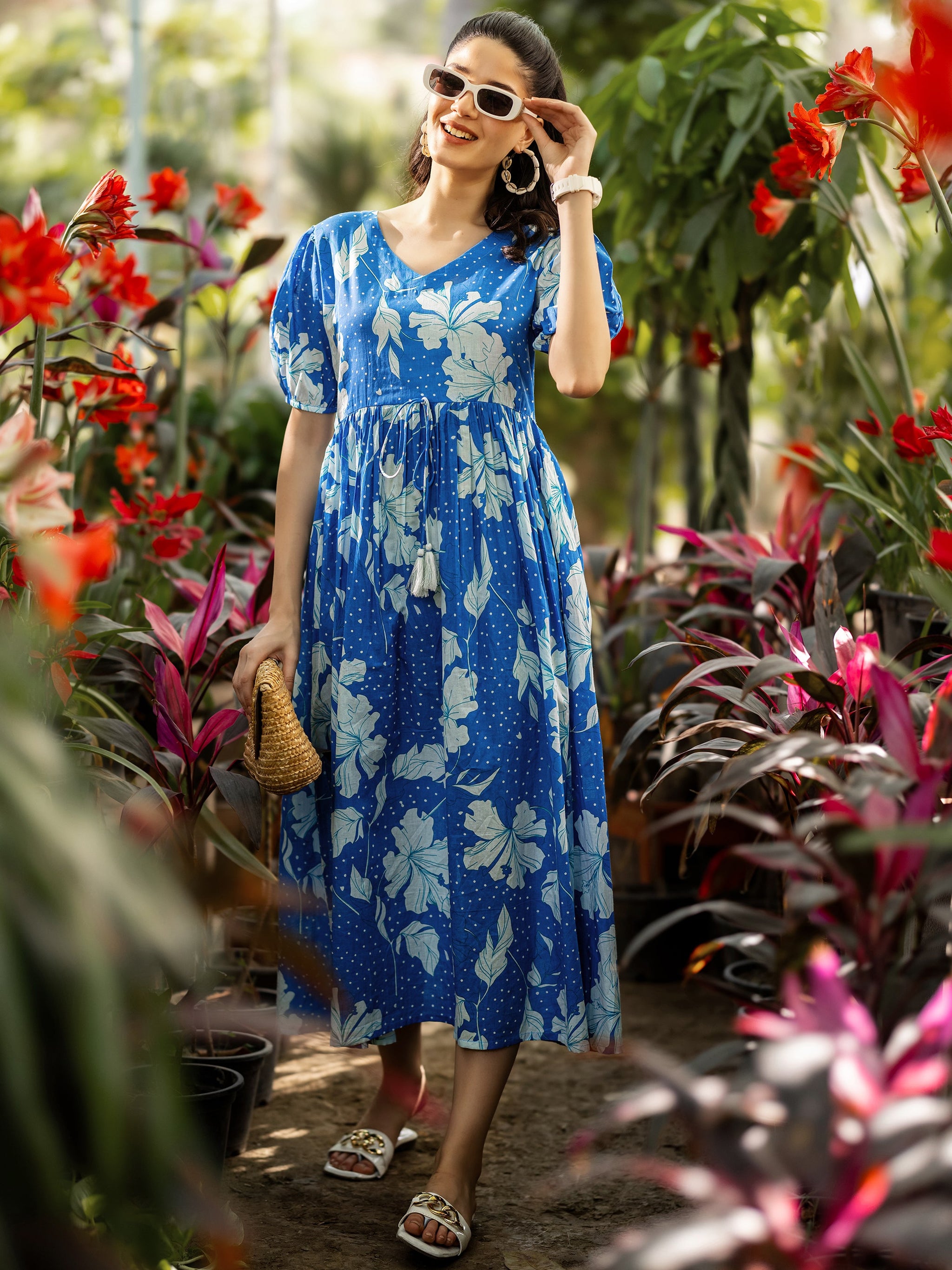 Libas Blue Printed Cotton Fit and Flare Dress