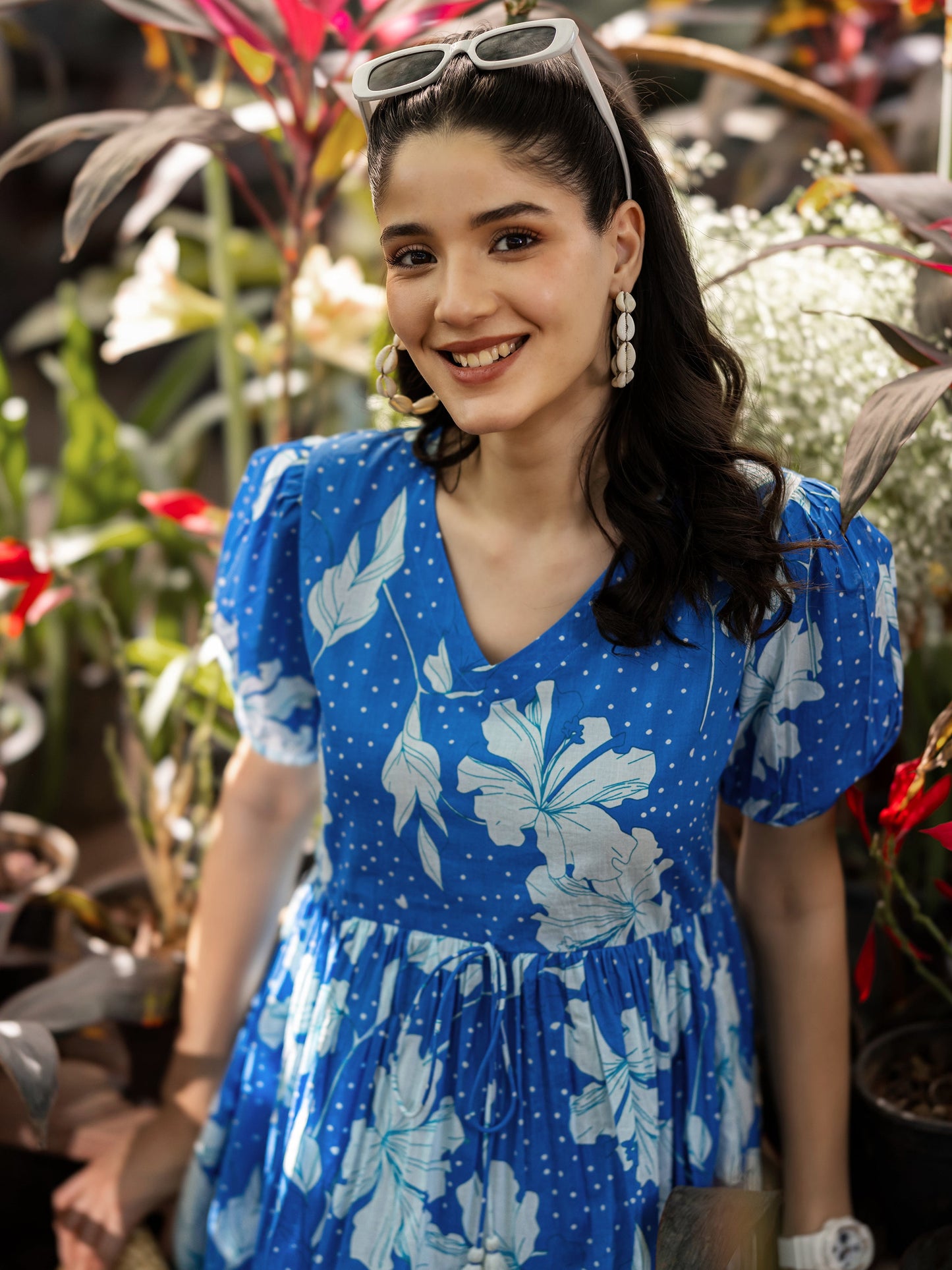 Libas Blue Printed Cotton Fit and Flare Dress