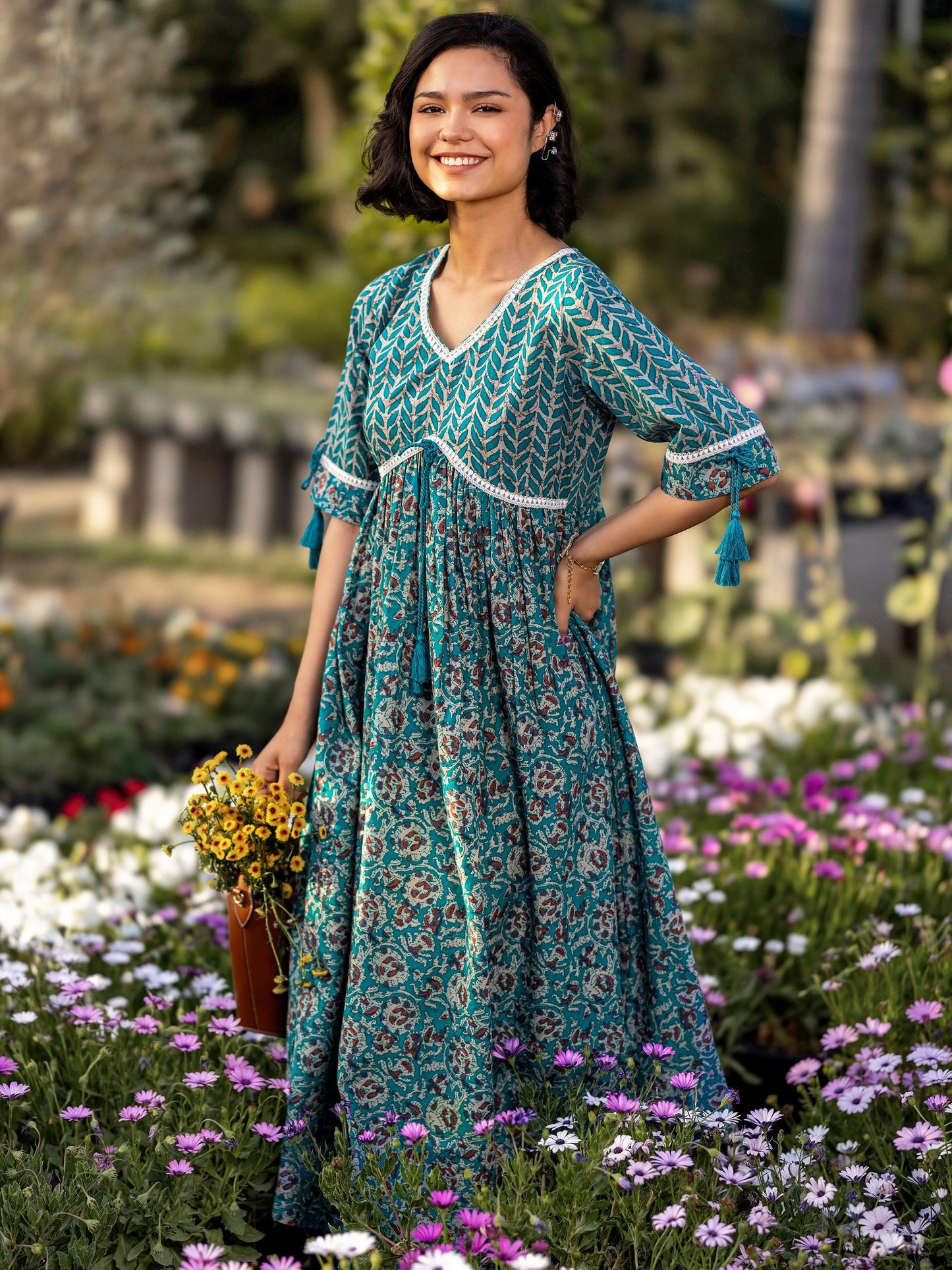 Libas Green Printed Cotton Fit and Flare Dress