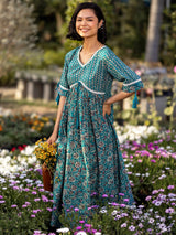 Libas Green Printed Cotton Fit and Flare Dress