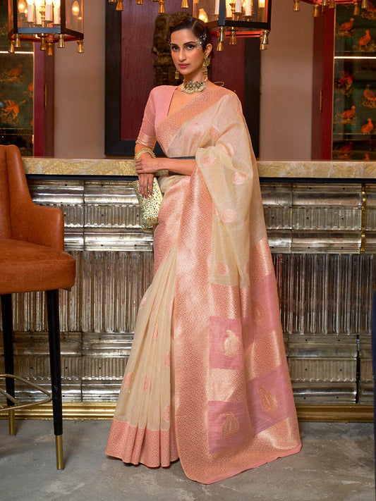 Cream Linen Silk Saree With Blouse Piece