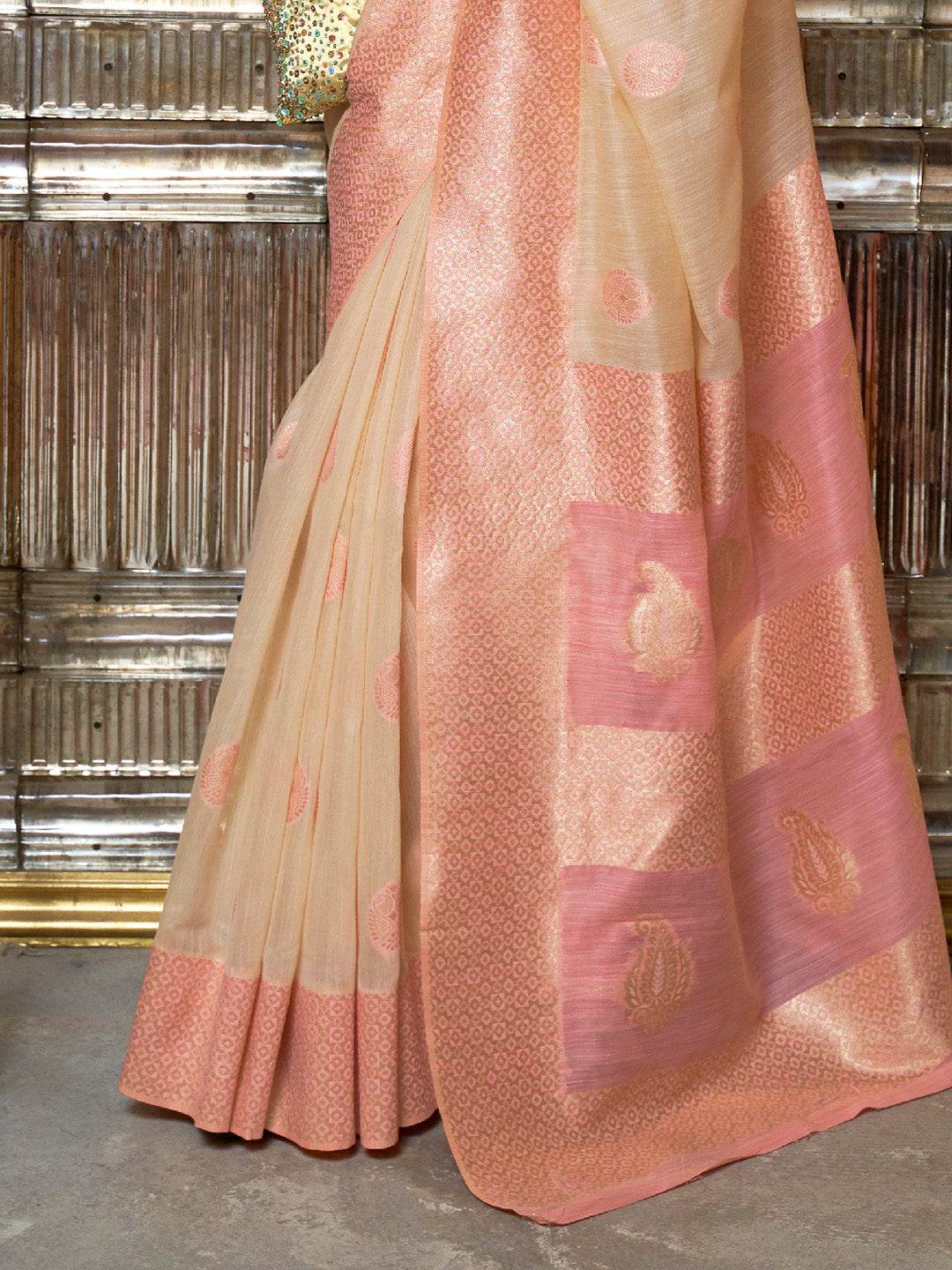Cream Linen Silk Saree With Blouse Piece