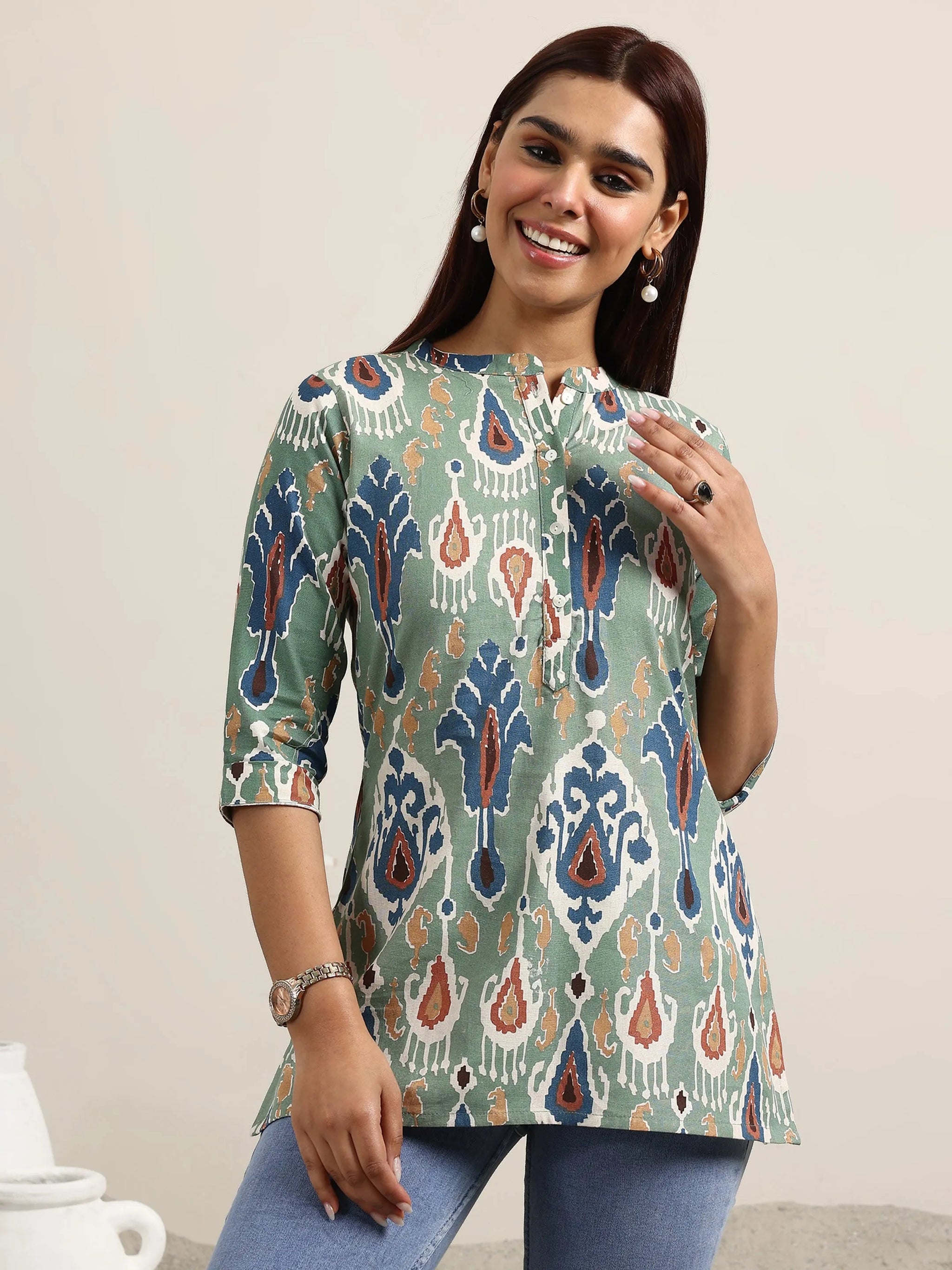 Libas Green Printed Cotton Straight Kurti