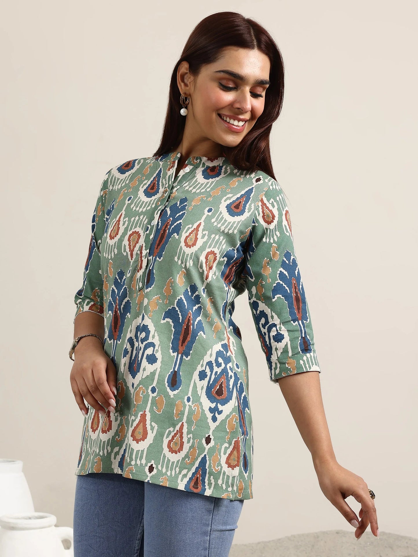 Libas Green Printed Cotton Straight Kurti