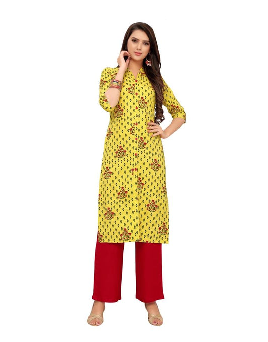 Yellow Printed Cotton Kurti