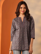 Libas Burgundy Printed Cotton Straight Shorti Kurti
