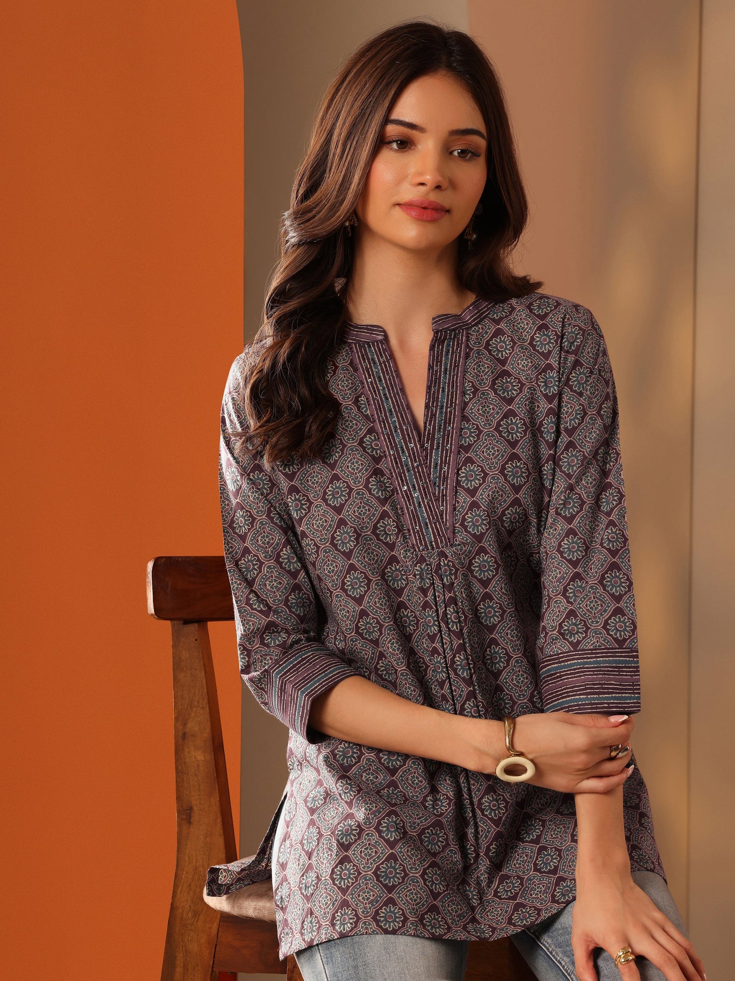 Libas Burgundy Printed Cotton Straight Shorti Kurti