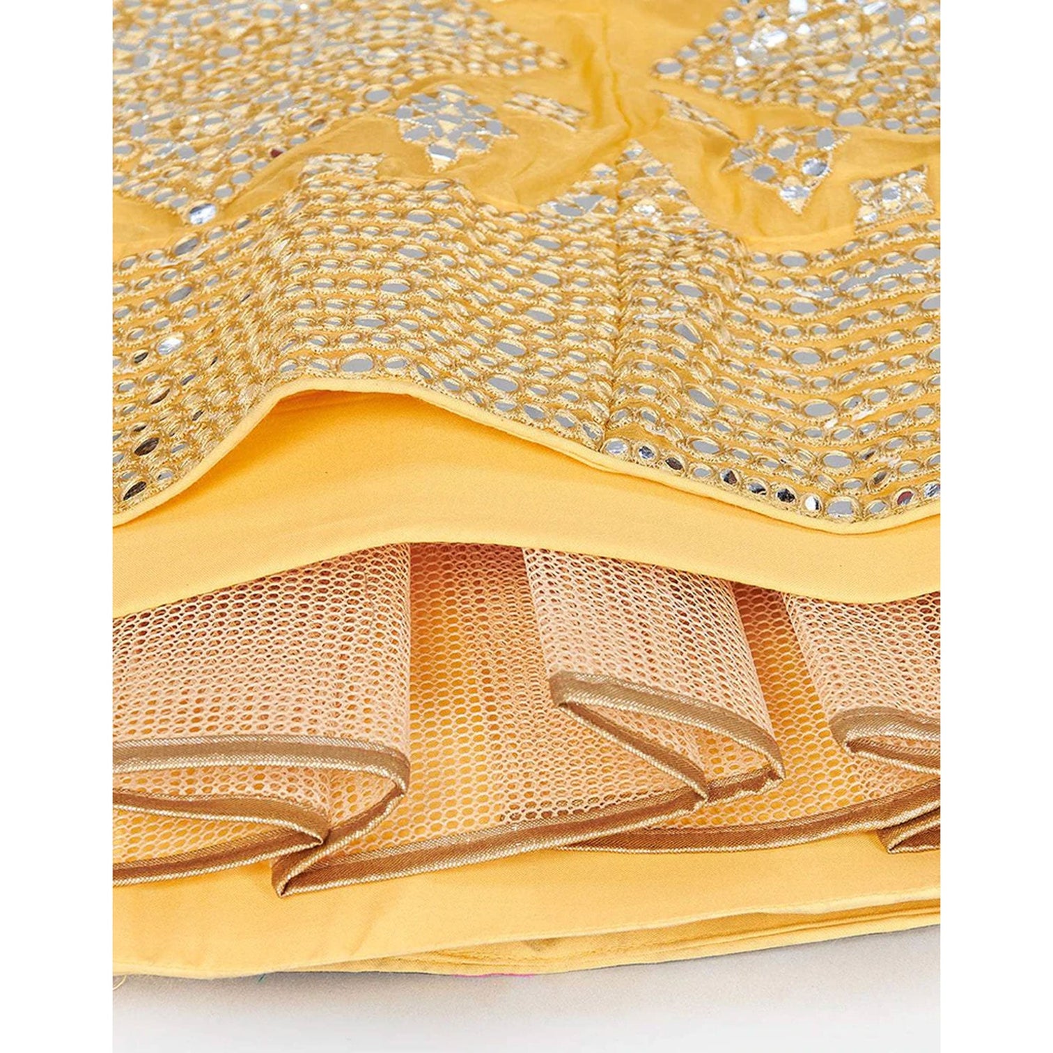 Mastrud Yellow Thread and Foil Mirror Cutwork Lehenga choli