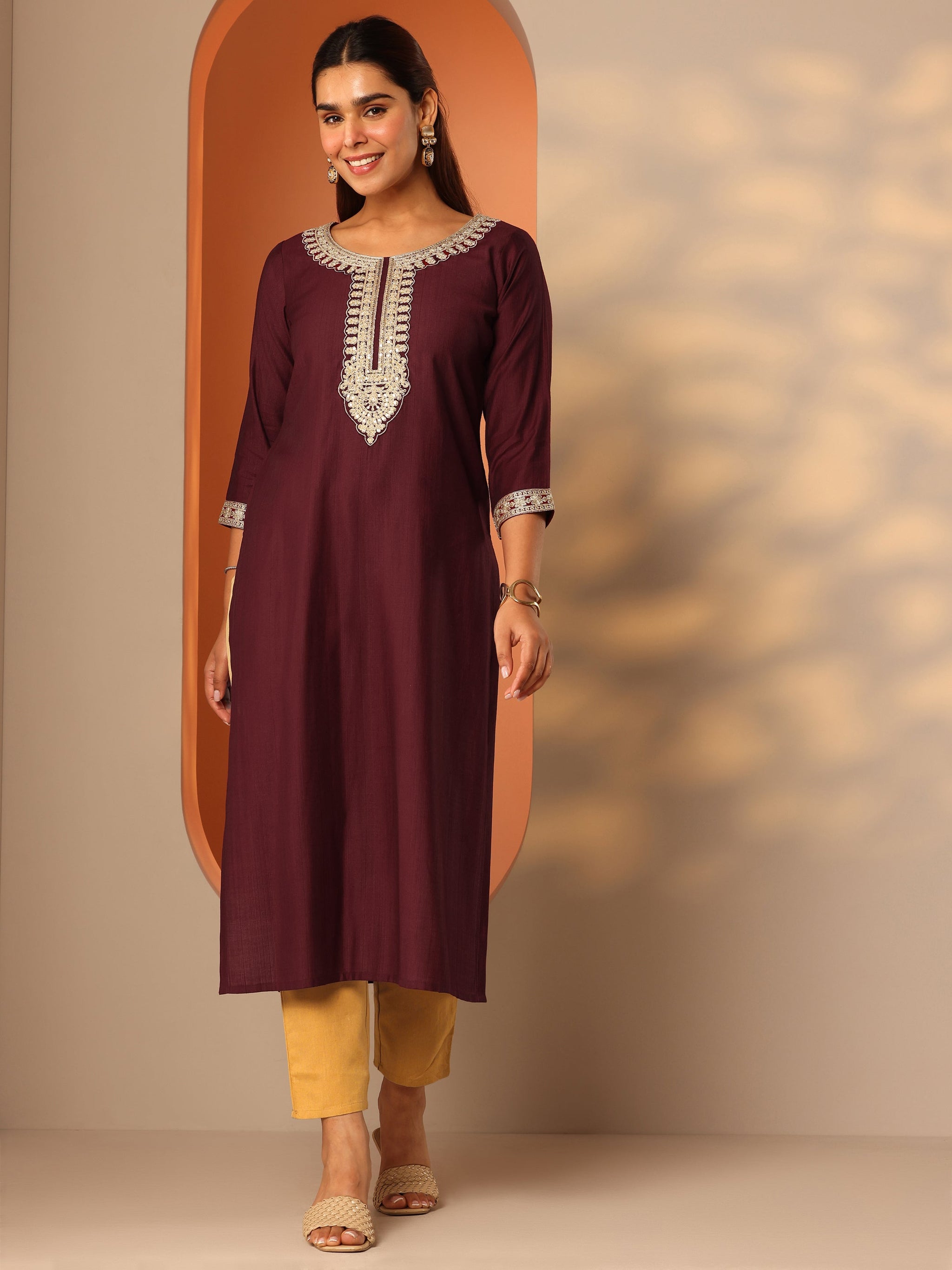 Gerua Maroon Embroidered Silk Blend Straight Kurta