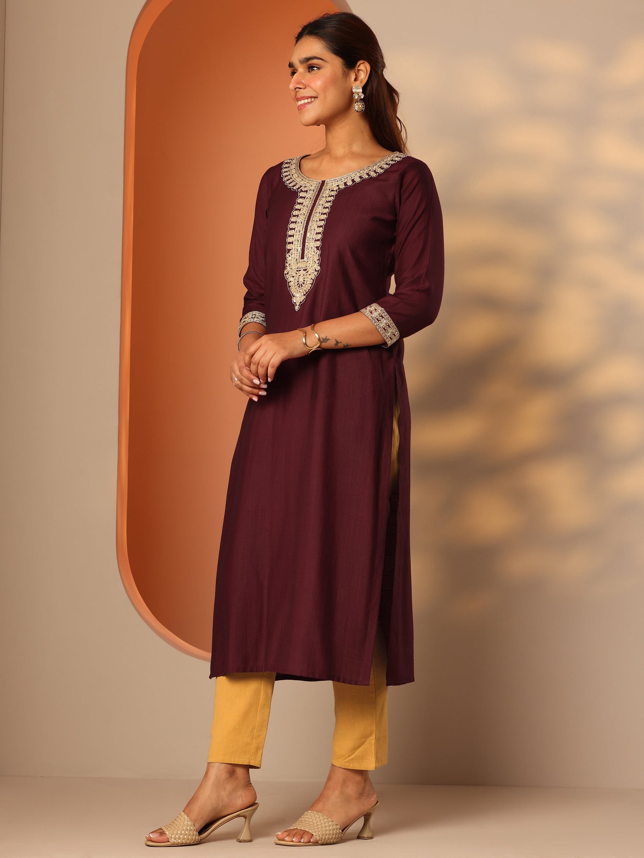Gerua Maroon Embroidered Silk Blend Straight Kurta