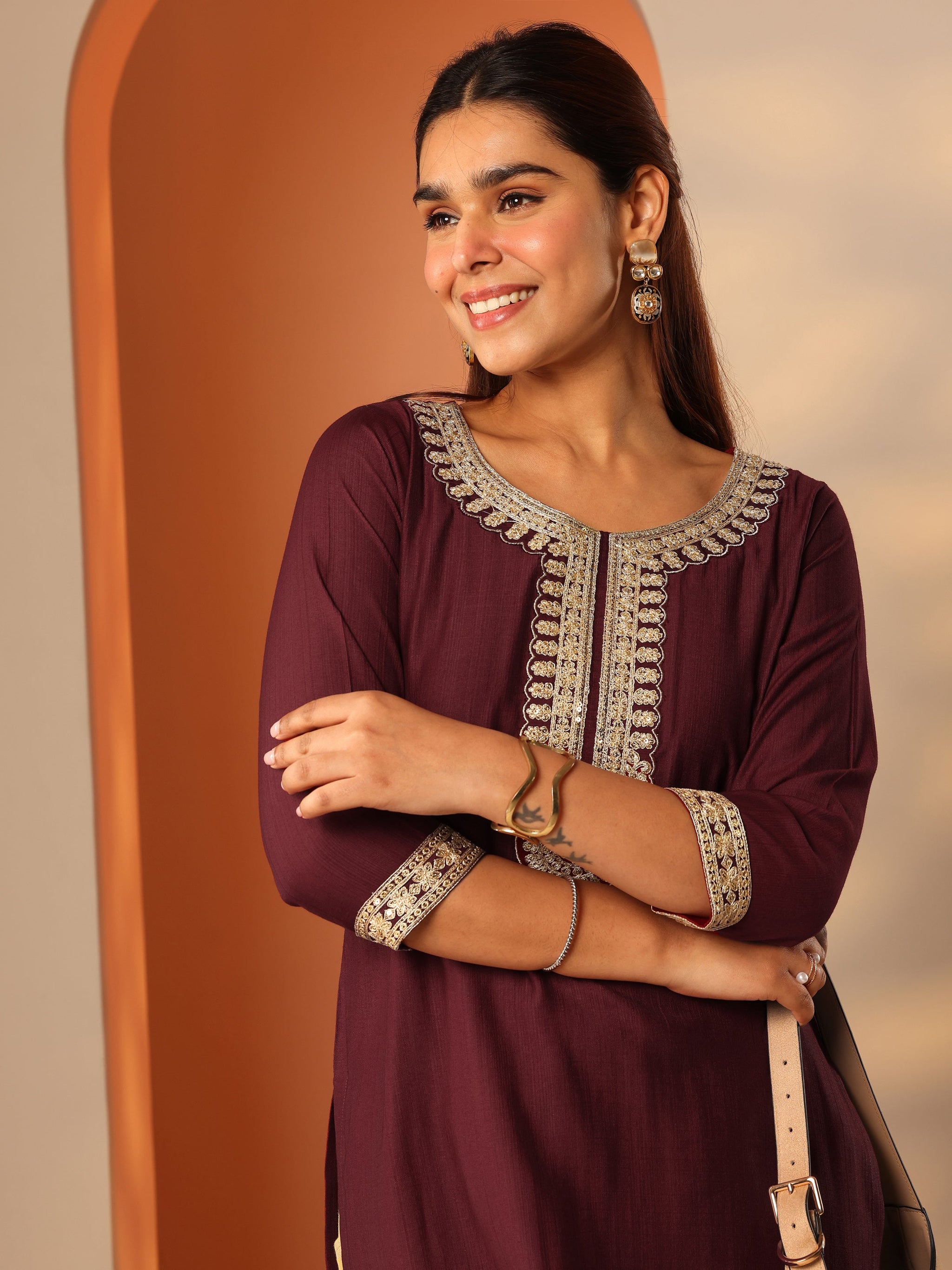 Gerua Maroon Embroidered Silk Blend Straight Kurta