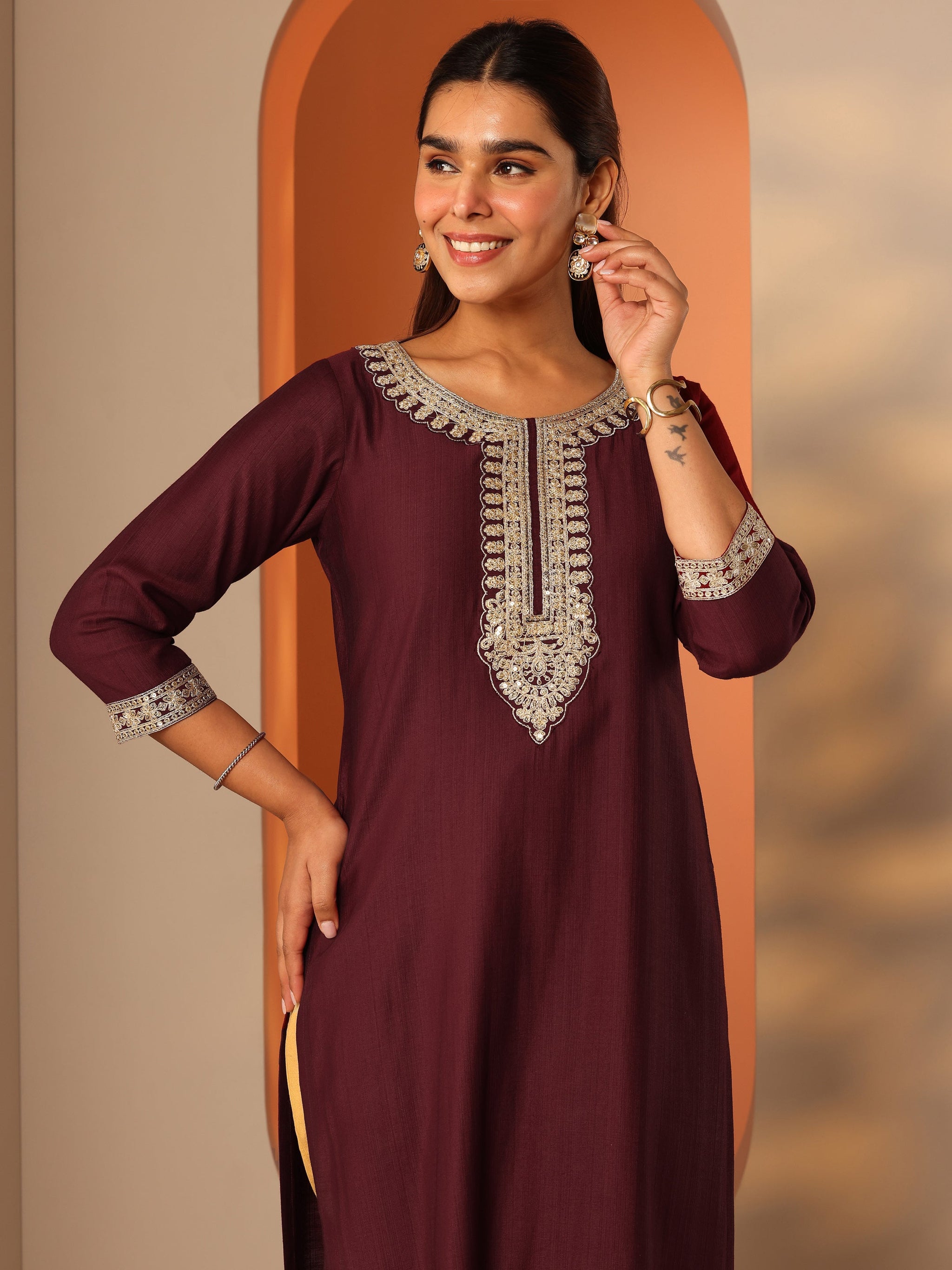 Gerua Maroon Embroidered Silk Blend Straight Kurta
