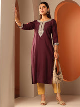 Gerua Maroon Embroidered Silk Blend Straight Kurta