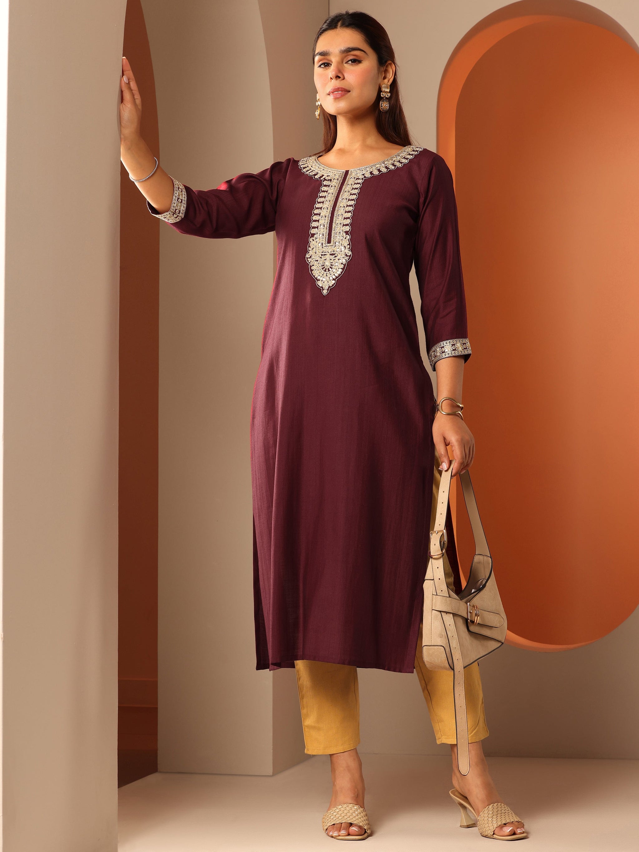 Gerua Maroon Embroidered Silk Blend Straight Kurta