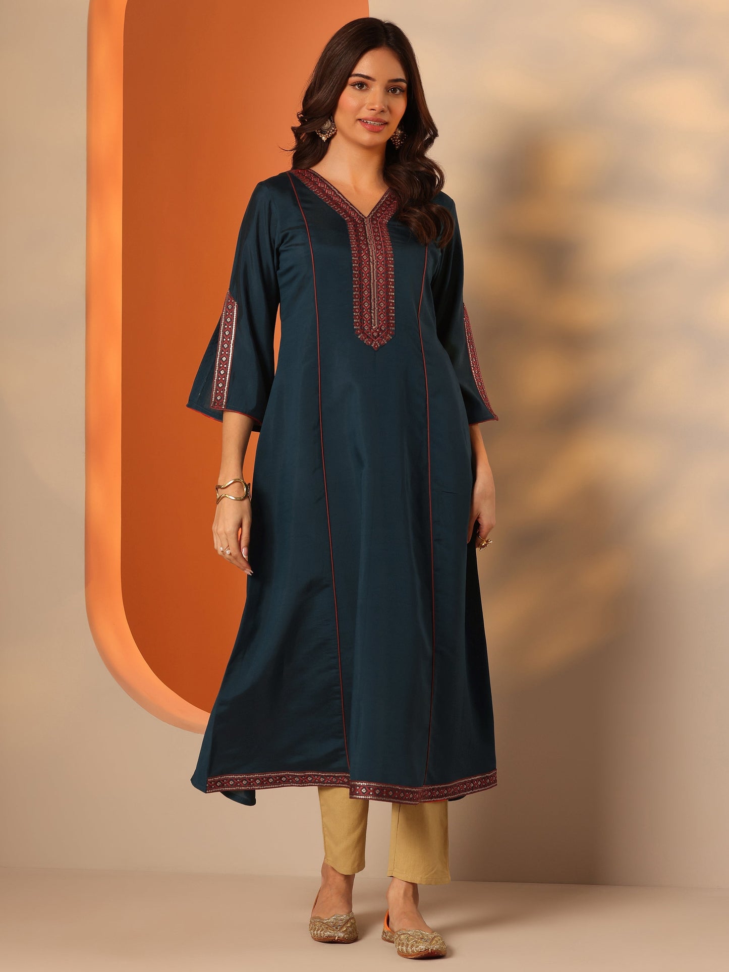 Libas Blue Embroidered Silk Blend Straight Kurta