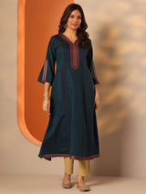 Libas Blue Embroidered Silk Blend Straight Kurta