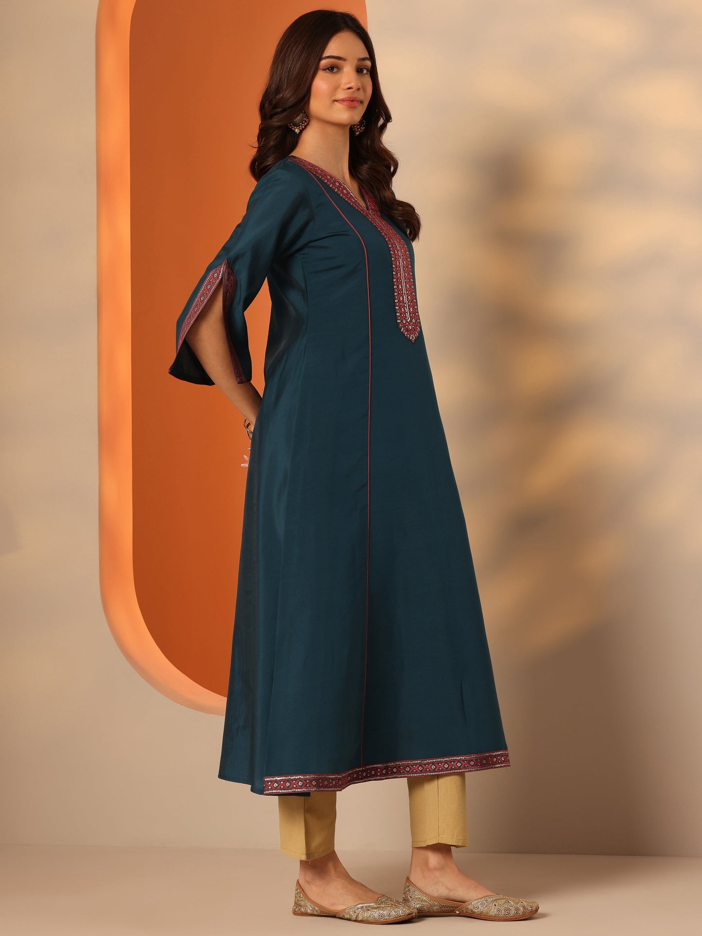 Libas Blue Embroidered Silk Blend Straight Kurta