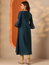 Libas Blue Embroidered Silk Blend Straight Kurta