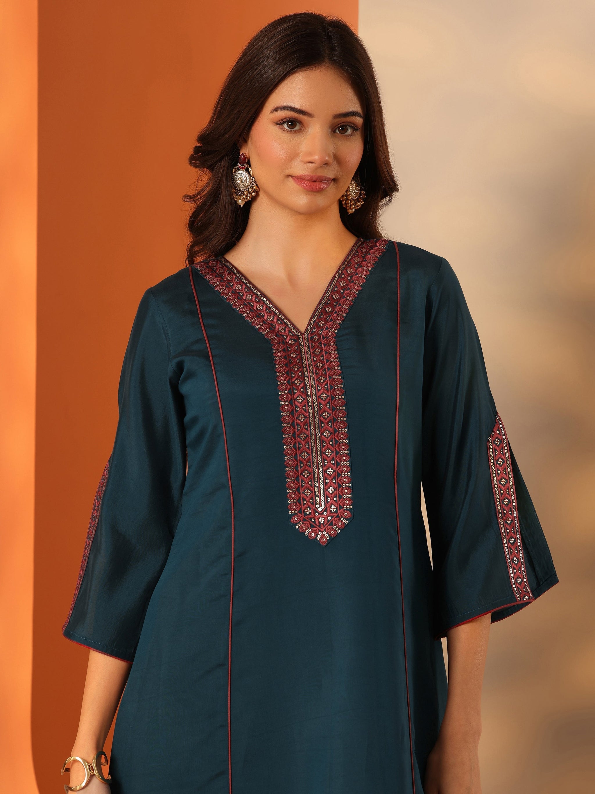 Libas Blue Embroidered Silk Blend Straight Kurta