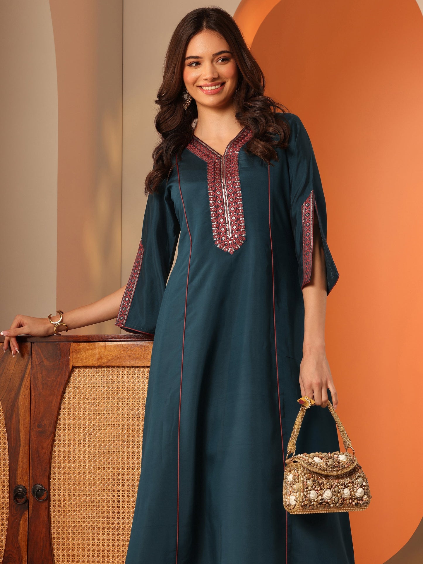 Libas Blue Embroidered Silk Blend Straight Kurta
