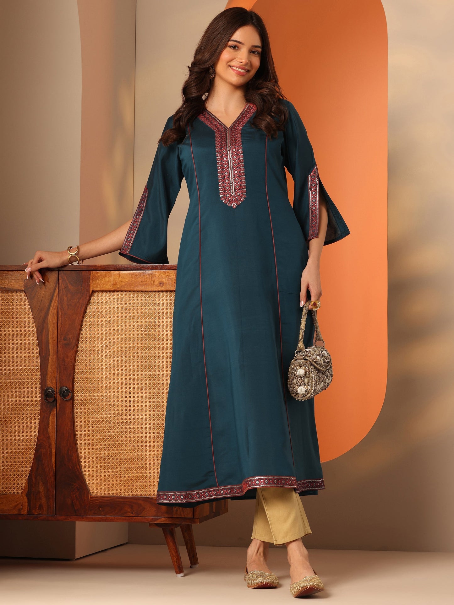Libas Blue Embroidered Silk Blend Straight Kurta