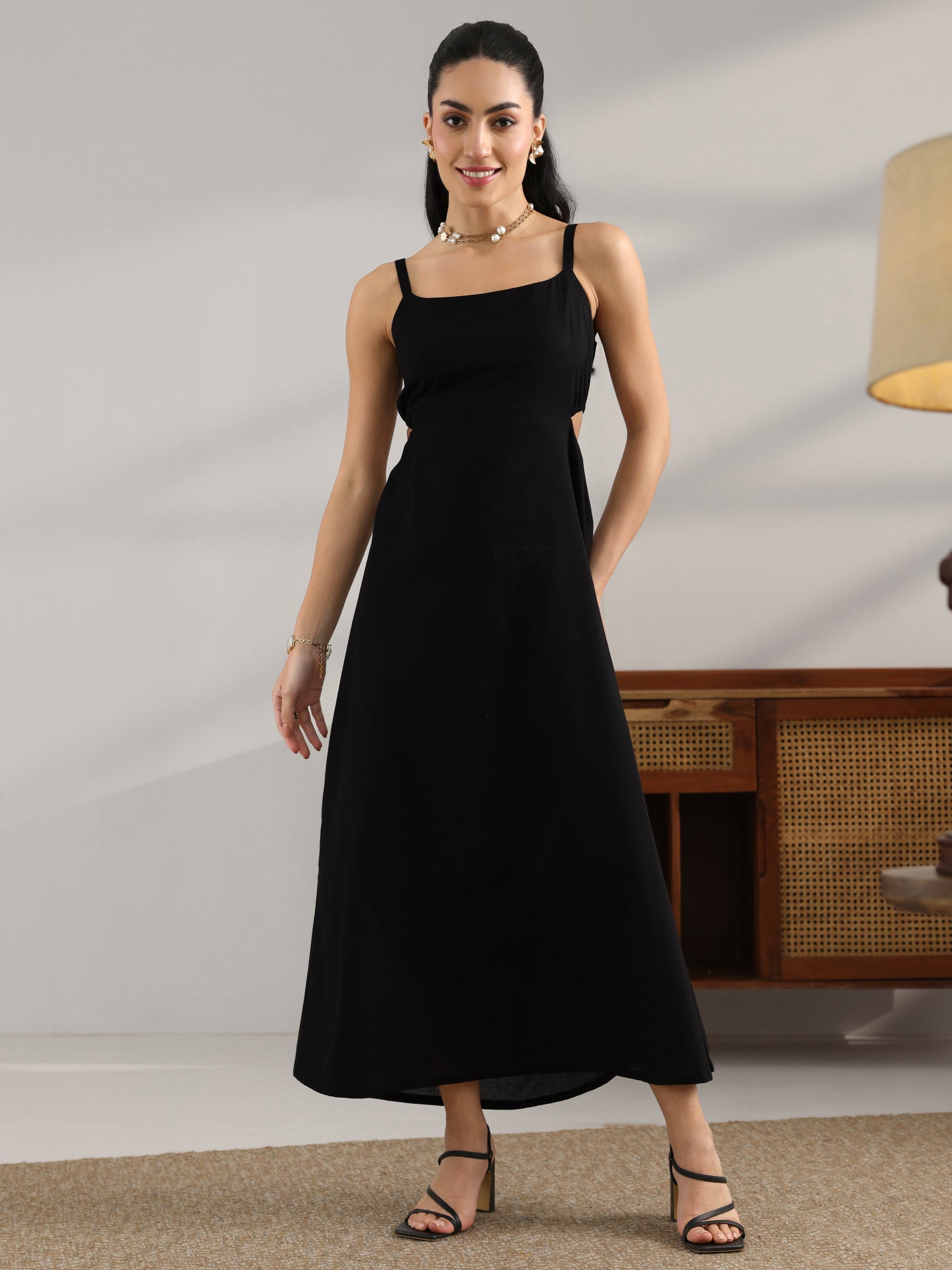 Gerua Black Solid Cotton Cut Out Fit And Flare One Piece Dress