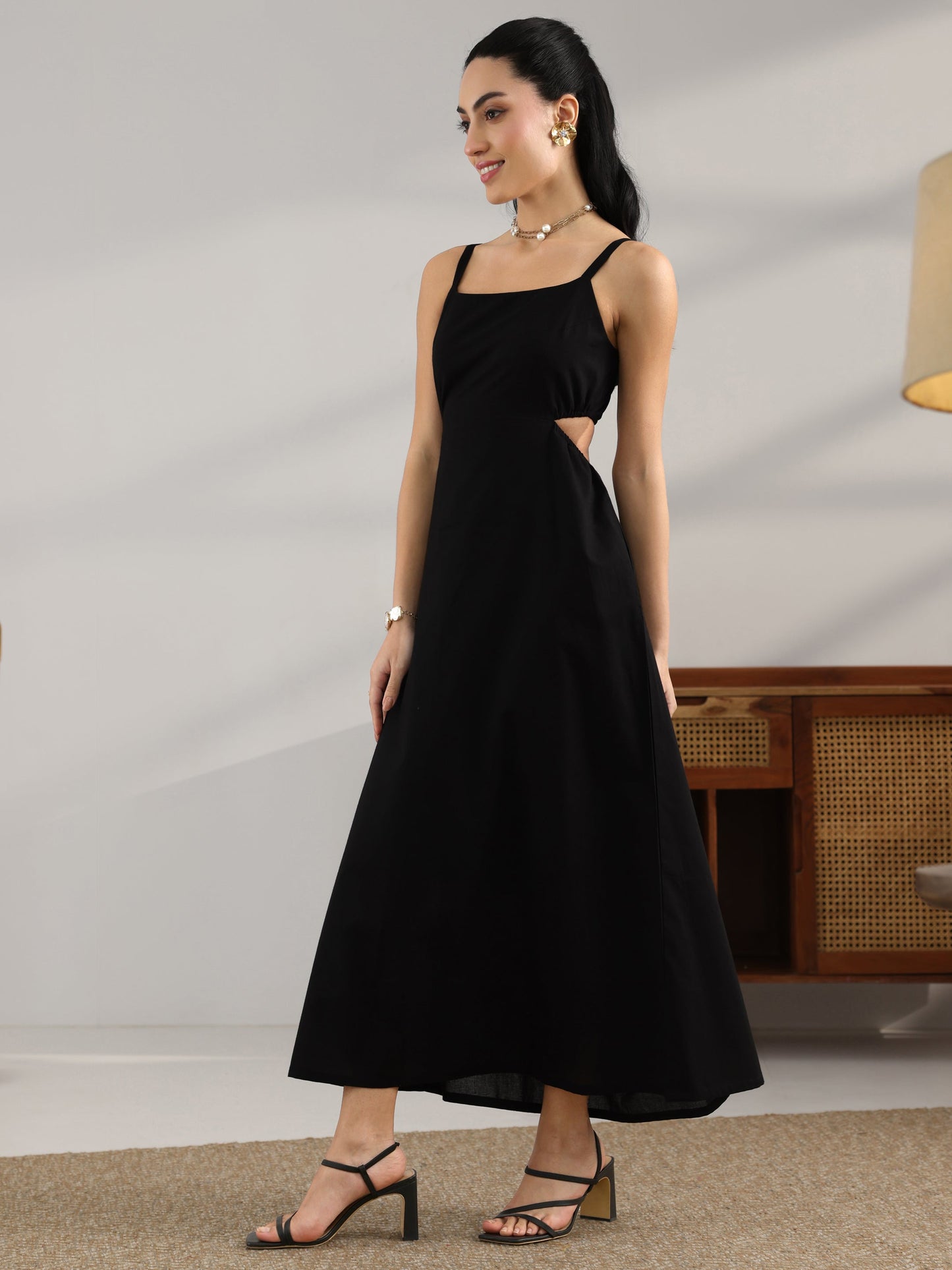 Gerua Black Solid Cotton Cut Out Fit And Flare One Piece Dress