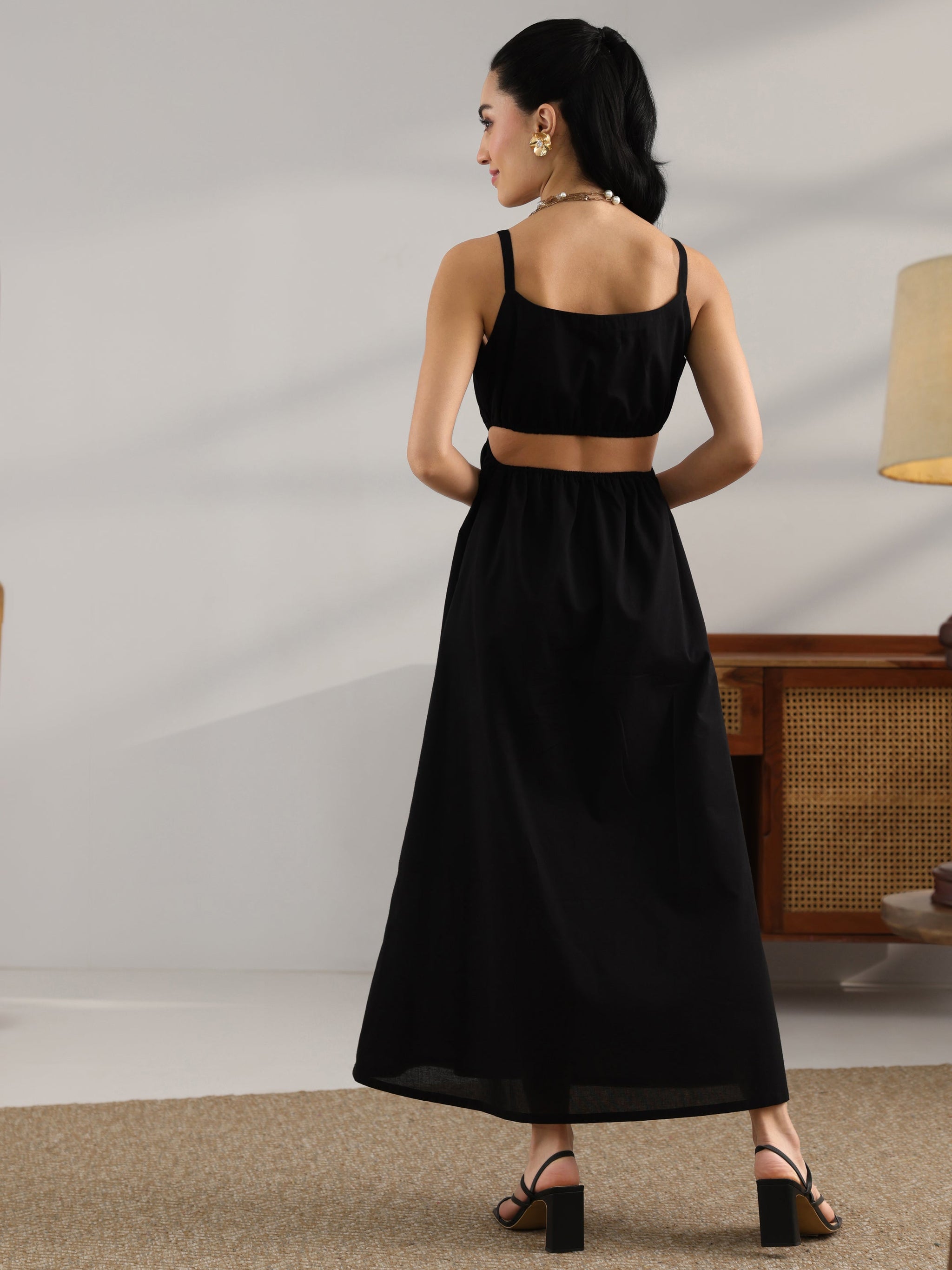Gerua Black Solid Cotton Cut Out Fit And Flare One Piece Dress