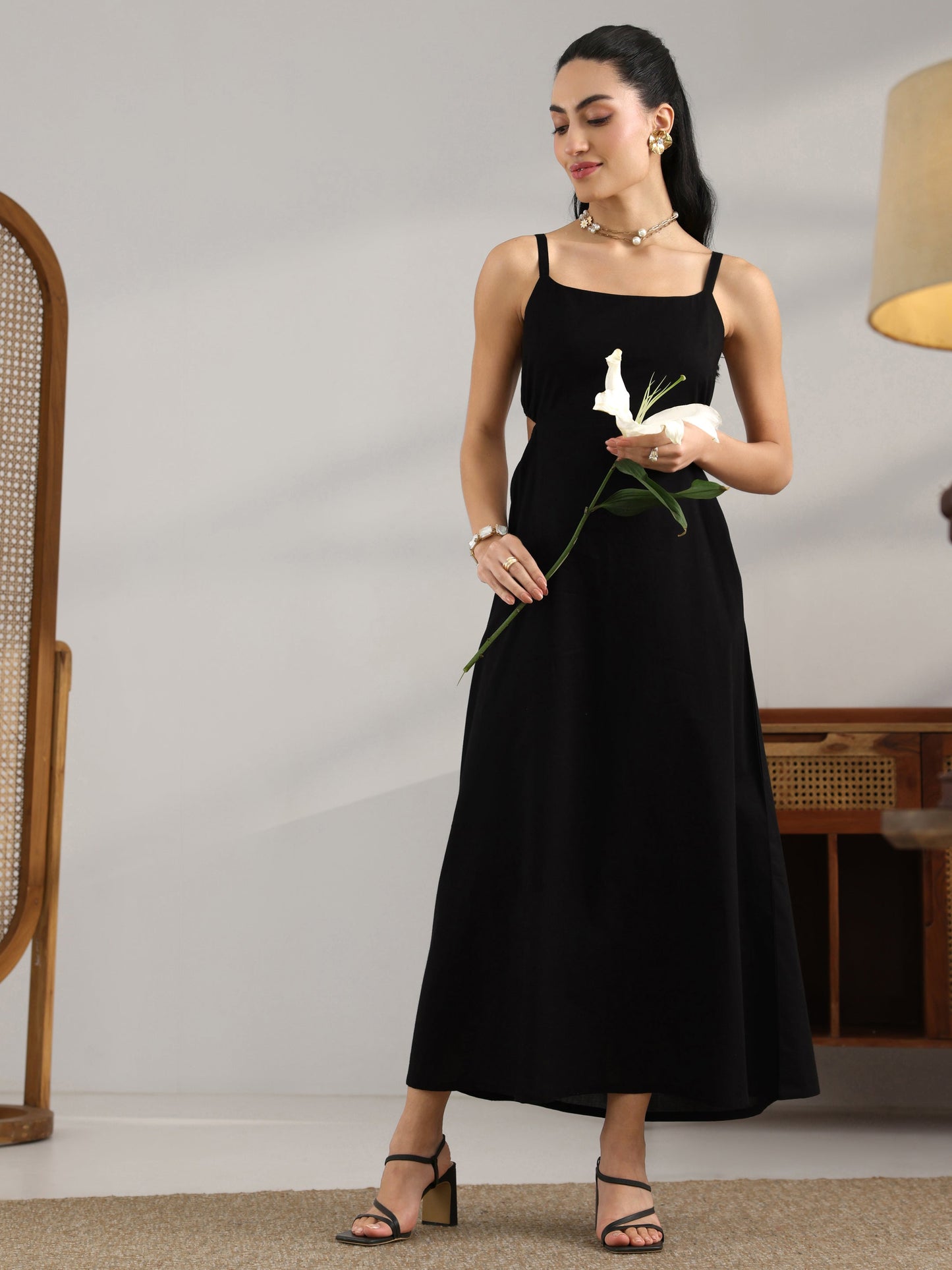 Gerua Black Solid Cotton Cut Out Fit And Flare One Piece Dress