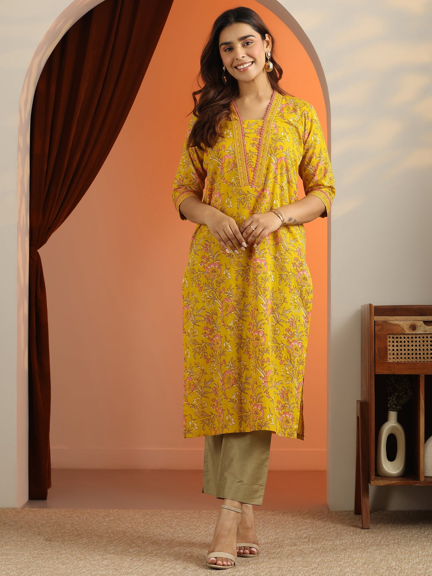 Libas Mustard Printed Cotton Straight Kurta