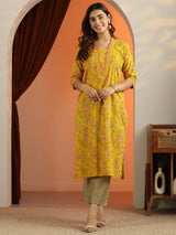 Libas Mustard Printed Cotton Straight Kurta