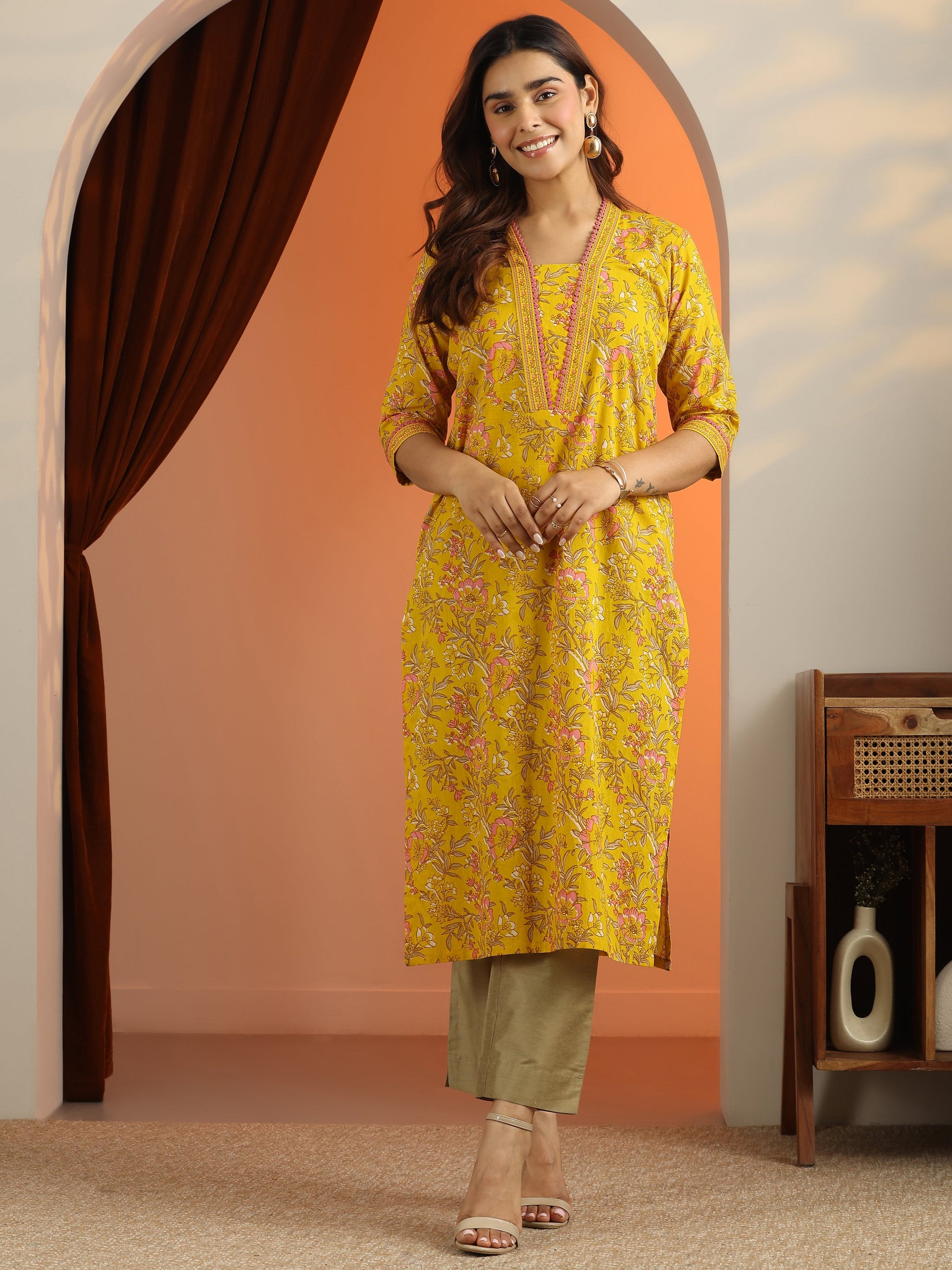 Libas Mustard Printed Cotton Straight Kurta