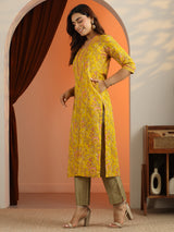 Libas Mustard Printed Cotton Straight Kurta