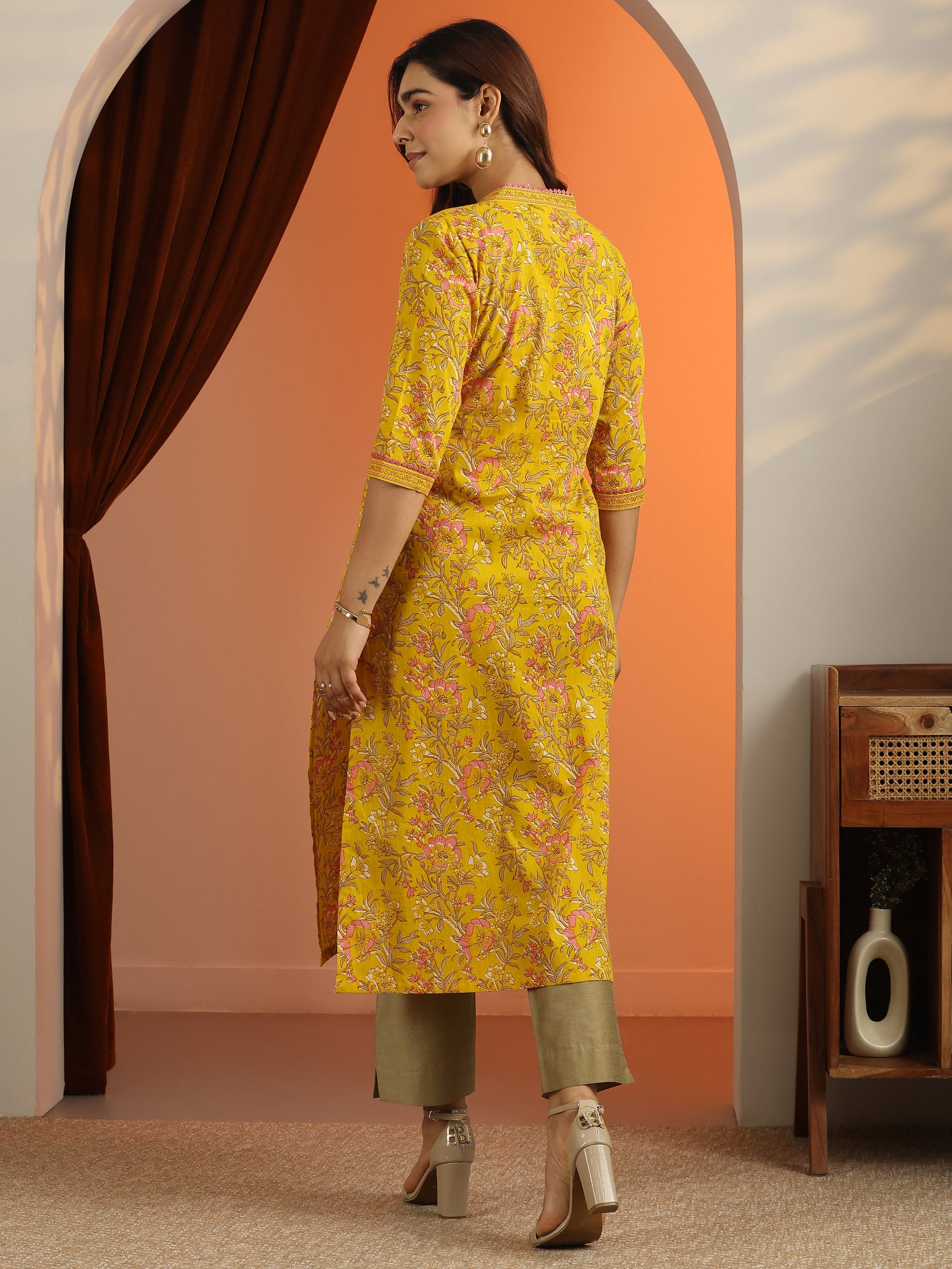 Libas Mustard Printed Cotton Straight Kurta