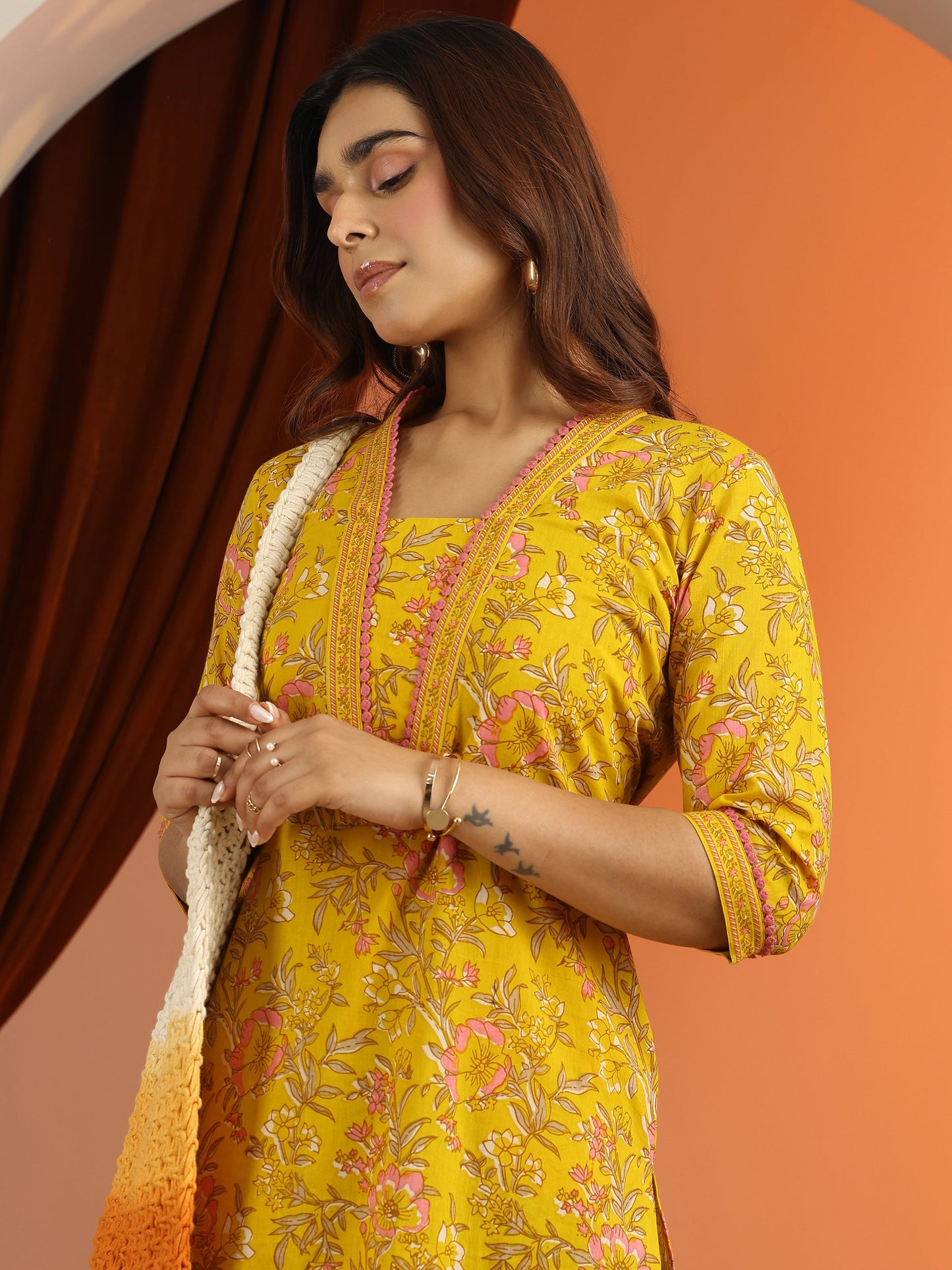 Libas Mustard Printed Cotton Straight Kurta
